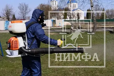 Акарицидная обработка территории от клещей дезинфектором на фоне церкви. Профессиональное уничтожение опасных паразитов