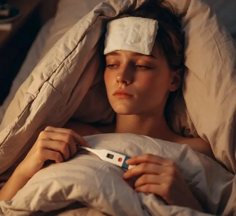 Девушка с высокой температурой при клещевом энцефалите измеряет температуру