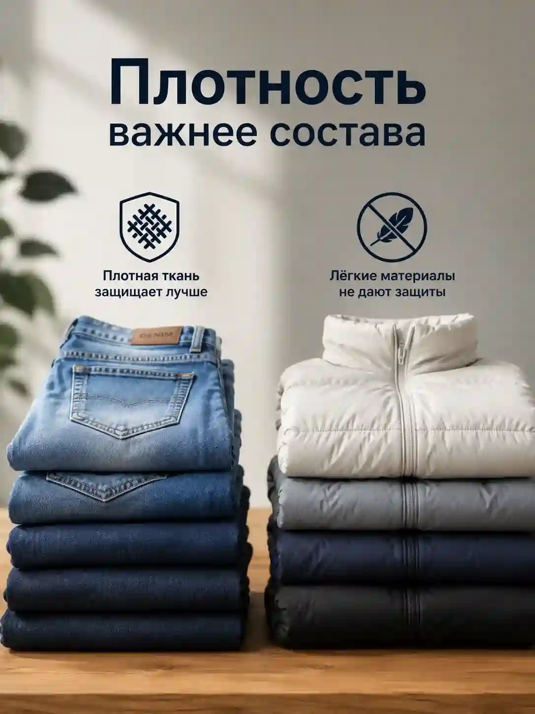 Две стопки одежды: джинсы и пуховик. Подпись: «Плотность важнее состава».