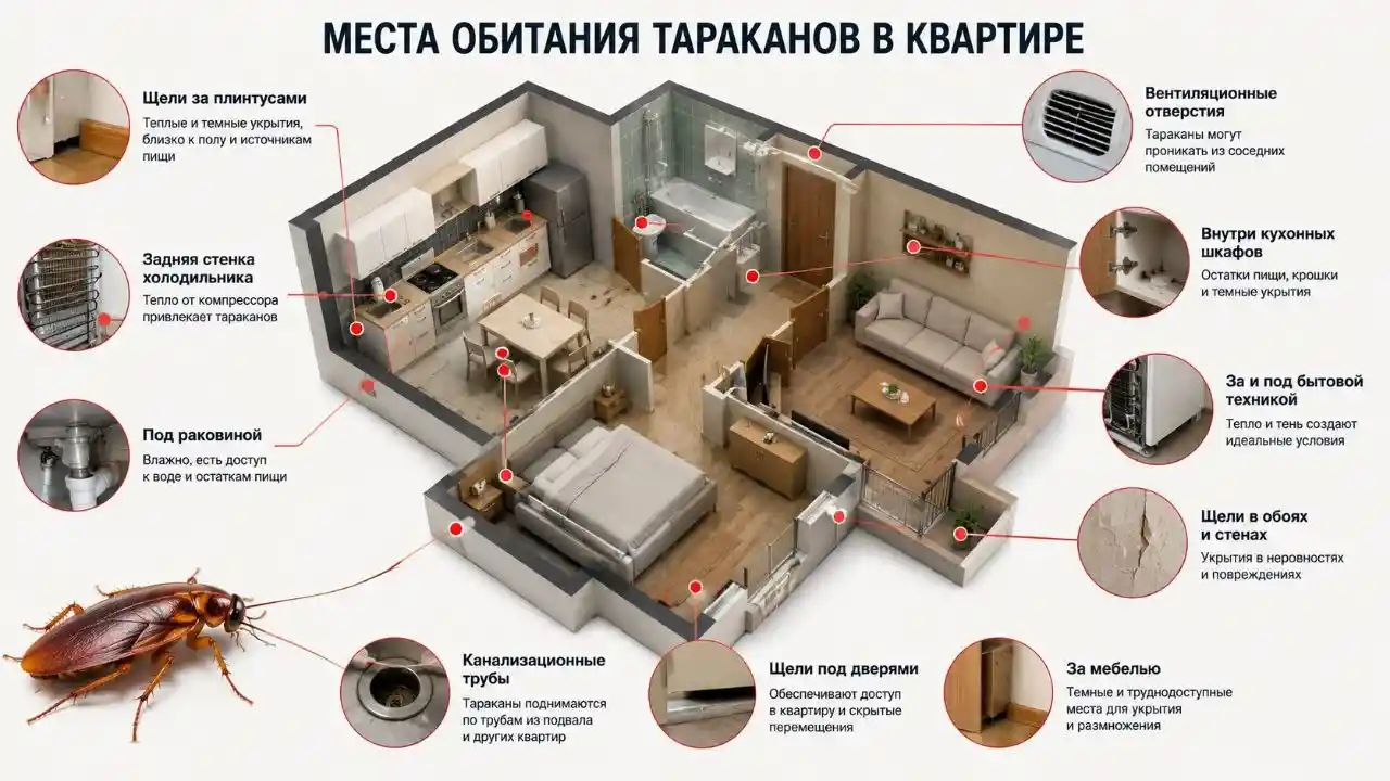 Схема мест обитания тараканов в квартире, инфографика.
