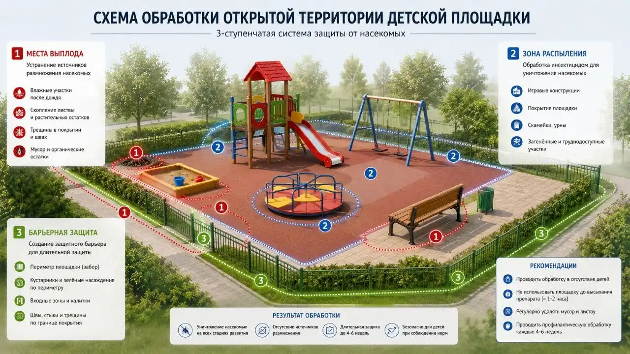 Схема обработки территории (инфографика): места выплода, зона распыления, барьерная защита.