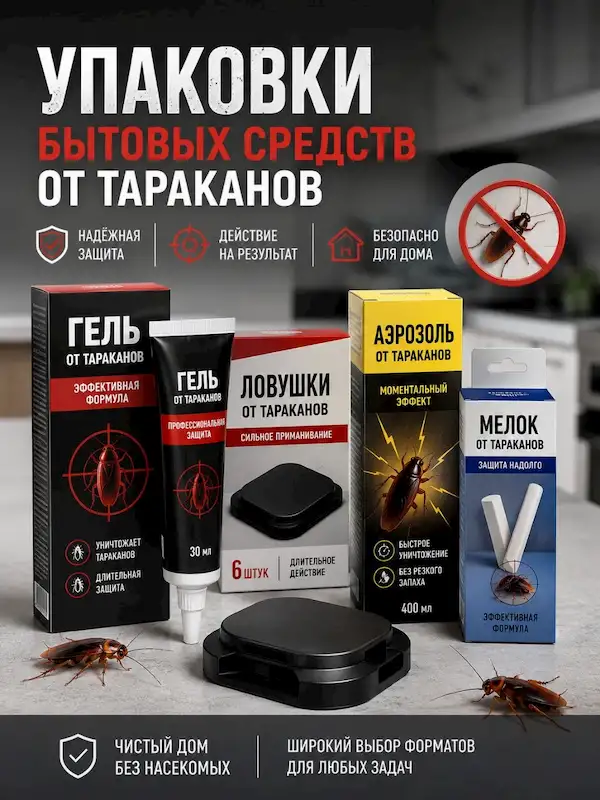 Упаковки бытовых средств от тараканов.