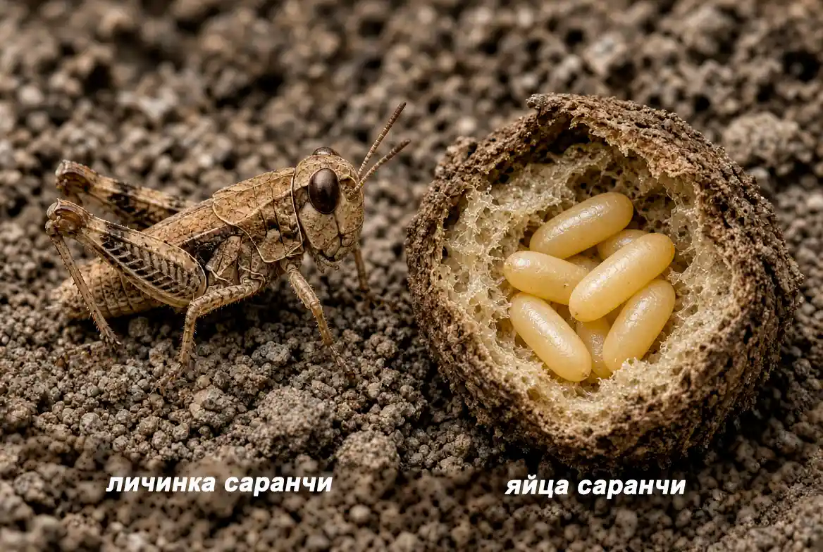 Фото личинок и яиц саранчи на земле или на листе.