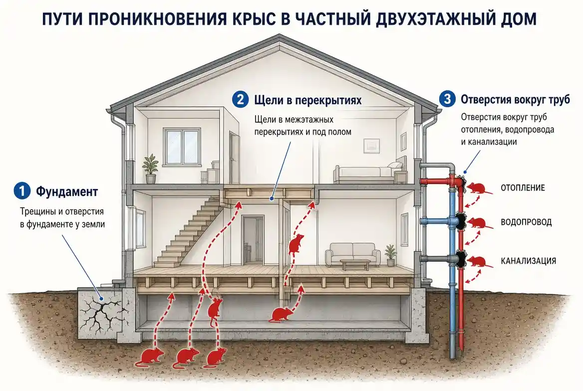 Схема основных путей проникновения крыс в частный дом: фундамент, щели в перекрытиях, отверстия вокруг труб.